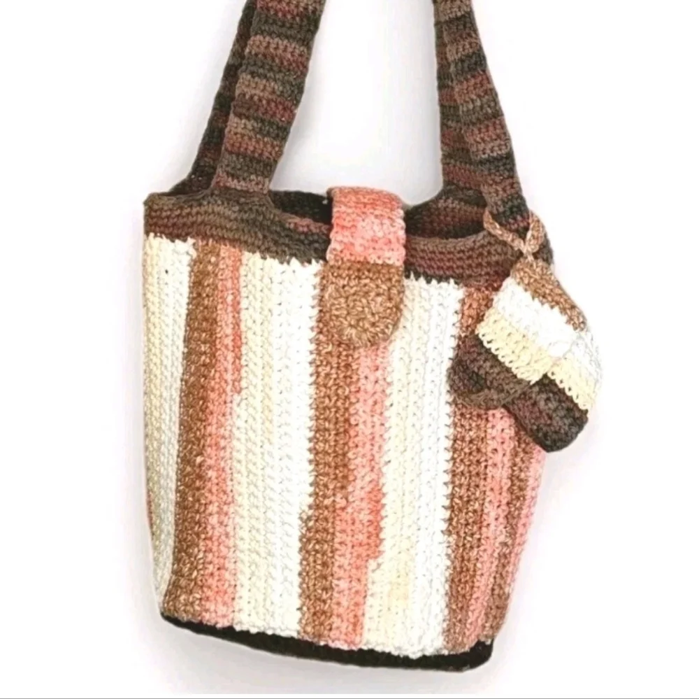 Hippie Boho Hand Crocheted Earthy Striped Bucket Purse W/ Coin Purse Homemade